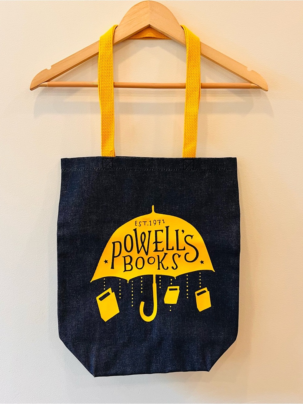 Powell's Books Denim Tote Bag Yellow Print and Straps 14x16 NWOT